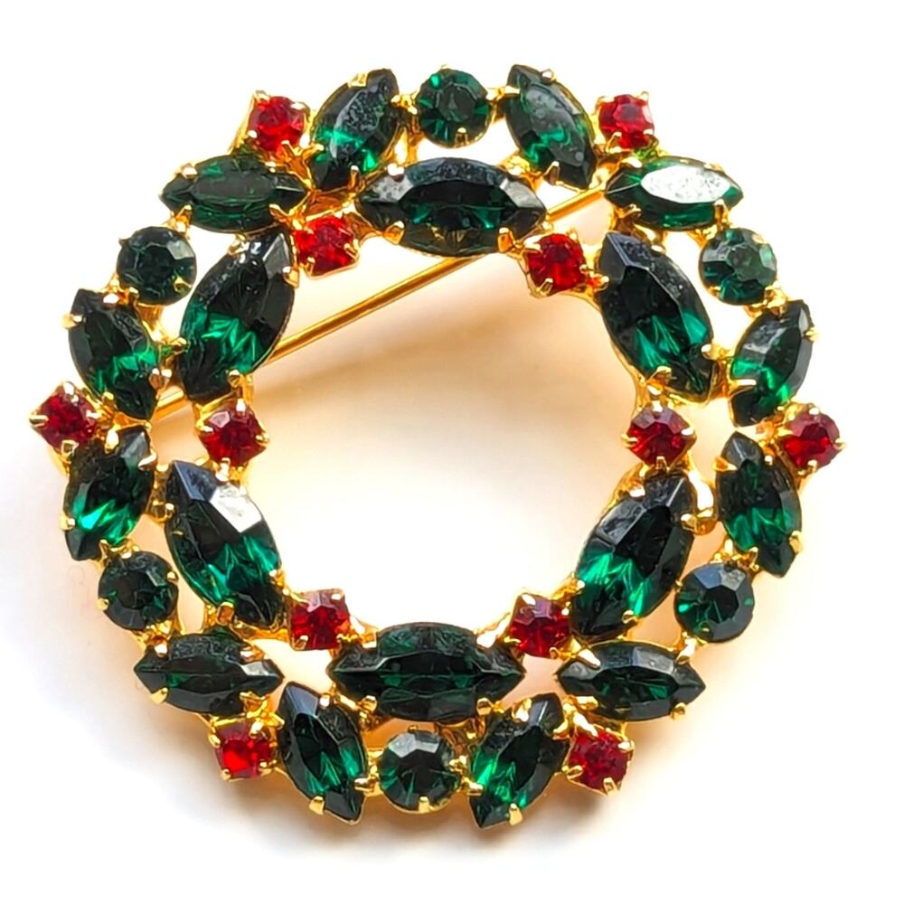 Stunning Vintage Signed OTC Glass Rhinestone Wreath Holiday Christmas Brooch